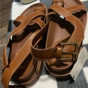 Zara Tan Leather Sandals with Gold Accent